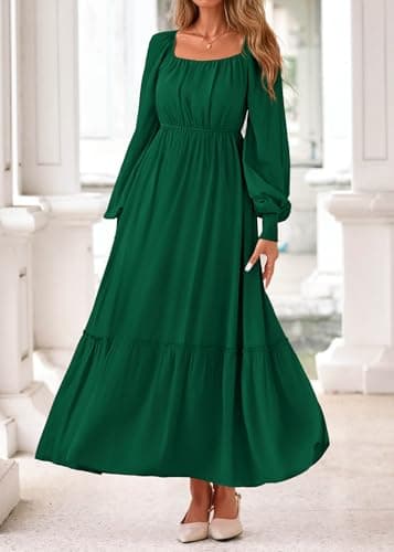 KIRUNDO Casual Fall Dresses for Women 2026 Flowy Long Sleeve Maxi Dress Smocked Empire Waist Square Neck Wedding Party view 5
