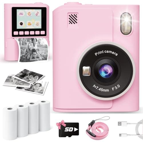 Instant Print Camera for Kids, 1080P Instant Digital Print Cameras for Toddler, Portable Toy for 4 5 6 7 8 9 10 Year Old Girl, Christmas Birthday Gifts for Girls Boys with SD Card Pink