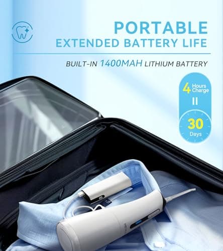 Water Dental Flosser Pick for Teeth, Portable Cordless Oral Irrigator with 4 Pressure Modes, 300ML Water Tank, IPX7 Waterproof, 6 Jet Tips, Storage Bag for Gums, Braces(White) view 6