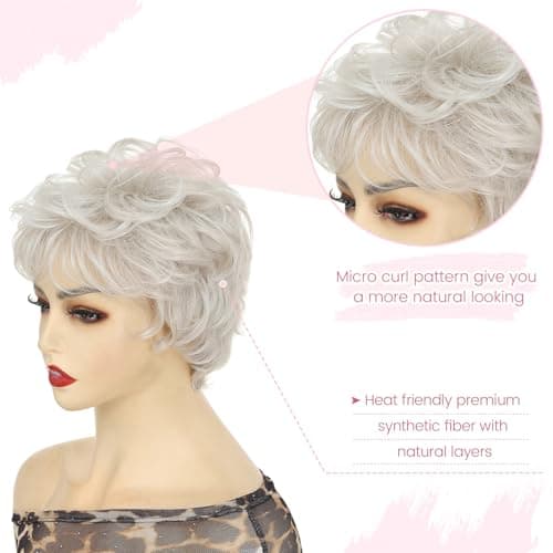 UDU Wigs for Women, Short Pixie Cut Wigs for White Women, Short Hair Wig for Older Women, Short Wigs with Bangs for Daily Wear Natural Looking Layered Wig for Elderly Women view 2