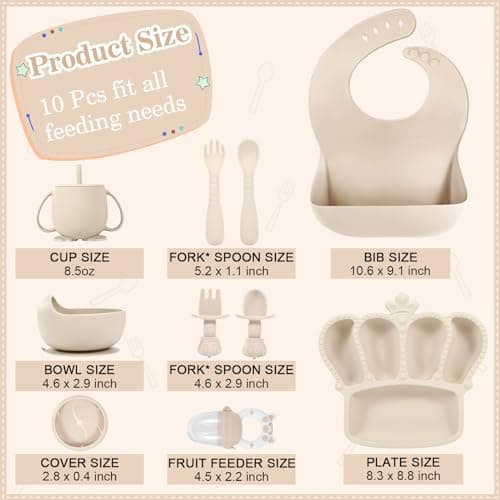 Silicone Baby Feeding Set 10 Pcs Baby Led Weaning Supplies Suction Bowl Divided Plate Baby Bibs Fruit Feeder Baby Spoons Forks Sippy Cup Toddler Utensil Sets Baby Essentials for Newborn Gift view 3