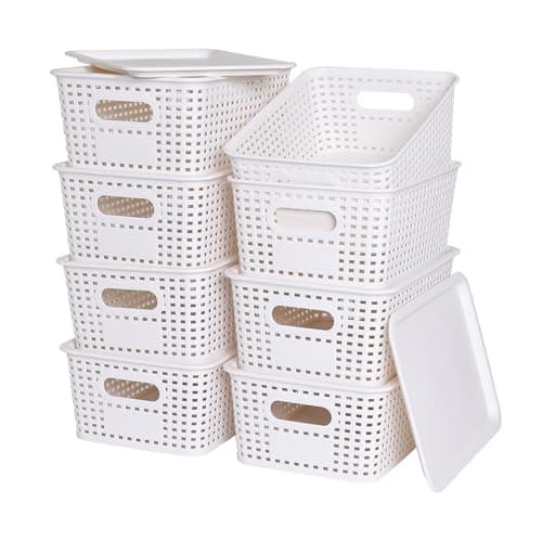 Plastic Storage Baskets with Lid-Plastic Storage Containers Stackable Storage bins: Storage Baskets for Organizing Shelves Drawers Desktop Closet Playroom Classroom Office,8 Pack-White10.2x7.2x4.1Inch — image 1