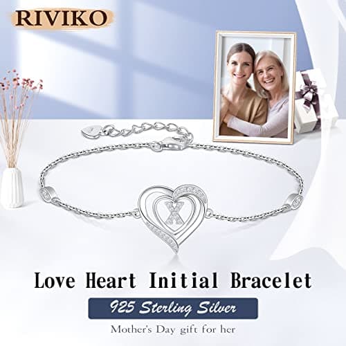 RIVIKO Heart Initial Bracelets for Women,925 Sterling Silver Letter Bracelets, Personalized Charm Alphabet Jewelry Valentines Christmas Mother’s Day Birthday Gifts for Women Friend Her Mom Wife Lady view 3