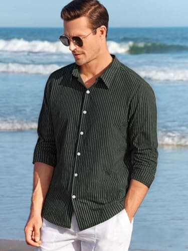BAYAMO Men's Button-Down Striped Shirts Casual Long Sleeve Cotton Linen Collared Shirts Fashion Business Dress Shirt view 3