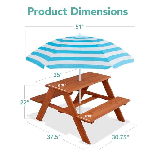 Best Choice Products Wooden Kids Picnic Table with Umbrella, Outdoor Activity Table Set with Built-in Benches, 220 lb Capacity per Bench - Golden Brown/Aqua view 3