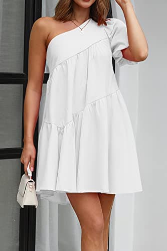 KIRUNDO Summer One Shoulder Mini Baby Doll Dresses Women 2026 Casual Puff Sleeve Loose Tiered A Line Flowy Short Dress view 2