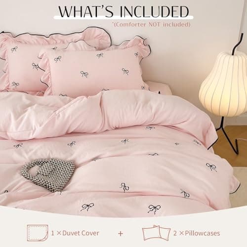 AMZTOP Pink Twin Size Duvet Cover Set with Bow,1 Duvet Cover with 2 Pillowcases,Cute Ruffled Comforter Cover with Corner Ties,3 Pcs Embroidery Aesthetic Coquette Bedding Set 68"×86" view 2