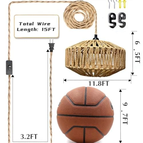 MUYIWEIDEN Plug in Hanging Lamp,Rattan Hanging Pendant Light with Plug in Cord, Boho Pendant Ceilling Light Fixture with Woven Lamp Shade for Living Room Bedroom Kitchen view 2