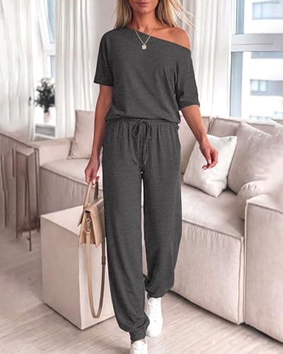 Zenlonr Women Summer 2 Piece Outfits 2026 Off Shoulder Short Sleeve Tops Elastic Waist Drawstring Long Pants Tracksuit view 5