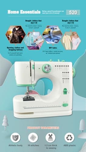 Sewing Machine for Beginners, Portable Mini Small Sewing Machine with 50 Pcs Fabric and 32 Pcs Sewing Threads Kit, 16 Built-in Stitches 2 Speed with Foot Pedal (White and Mint) view 4