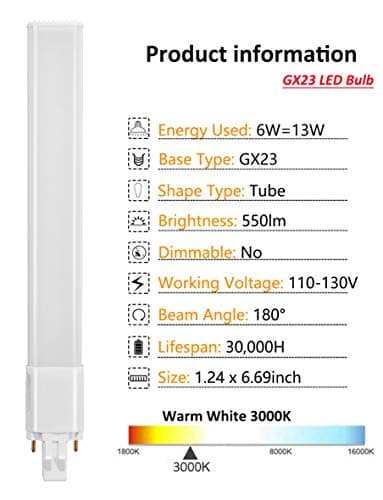 Amazing power GX23 LED Bulbs, 6W LED 2-Pin PL Horizontal Recessed Lamp, 13W Equivalent CFL Bulbs Warm White 3000K 2-Pack view 5