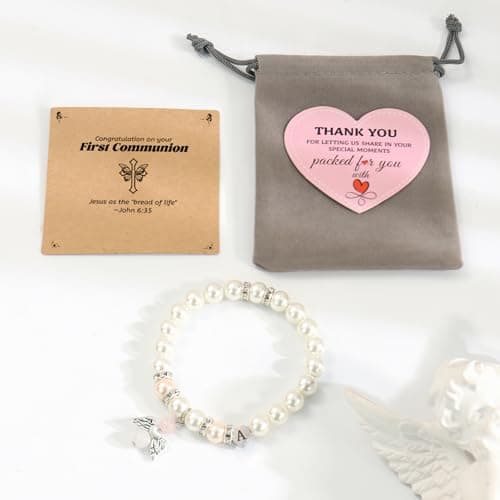 BAYLAY First Communion Gifts for Girls, First Communion Bracelet for Girls, Angel Wings Heart Letter Initial Pearl Bracelet, First Communion Gifts for Girls Catholic, Teen Girls First Communion Gifts view 6