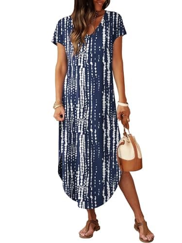 RUMIA Summer Casual Maxi Dresses for Women- Women's V Neck Cap Sleeve Long Sundress with Pockets Beach Vacation view 2