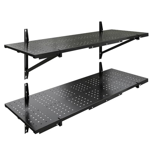 FLEXIMOUNTS 2-Pack 1x3ft Garage Shelving 14-inch-by-34-inch Perforated Wall Shelf, Heavy Duty Garage Storage Rack with 700 lbs Load Capacity, Wall Mounted Organization System for Tools, Heavy Bins view 1