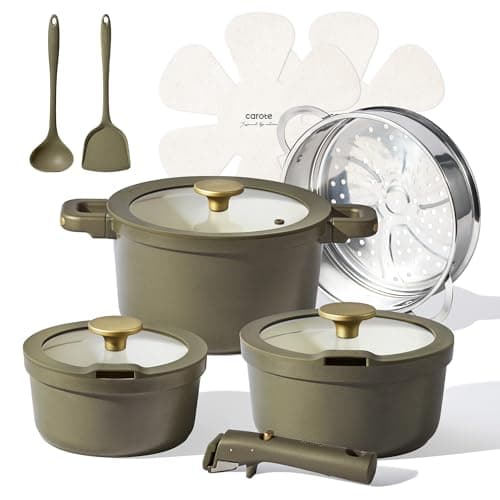 CAROTE Ceramic Saucepan Set 5.5QT/3QT/2QT，Nonstick Cooking Pots Set with Detachable Handles，Non-toxic Stock Pots with Lid，Induction Comptable，PFAS and PFOA Free，Olive Green view 1