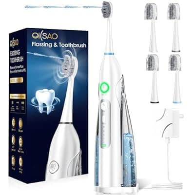 OILSAO Electric Toothbrush with Water Flosser 3 in 1, Sonic Flossing Toothbrush with 3 Modes & 5 Speeds, 4 Brush Heads, Portable for Travel, for Adults Teeth Cleaning and Plaque Removal,White