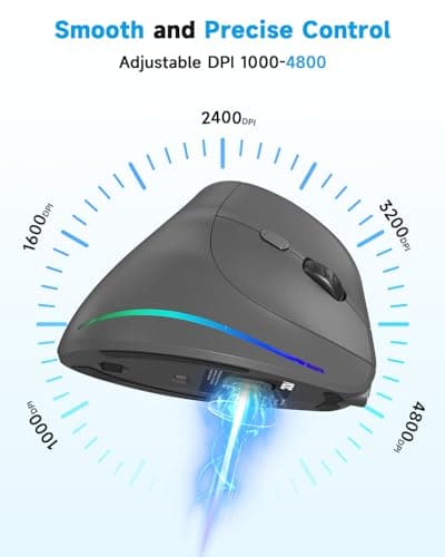 AOC 2.4GHz Ergonomic Mouse, Wireless Bluetooth Vertical Mouse for Work, 4800 DPI Optical Tracking, 5 Adjustable DPI, Quiet Clicks, RGB Light, Compatible with Computer, Laptop, PC, Mac, Desktop - Gray view 5