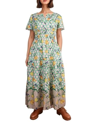 ACCPUR Women's Summer Boho Maxi Dresses Floral V Neck Tiered Short Sleeve Long Dress Flowy Beach Vacation Dress with Pockets — image 1