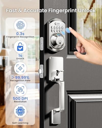 TEEHO TE012W-H WiFi Keypad Door Lock with Handle Set, Fingerprint Smart Locks, Front Door Keyless Entry, APP Remote & Voice Control, Digital Deadbolt with 2 Keys, Auto-Lock, Easy Install, Satin Nickel view 4