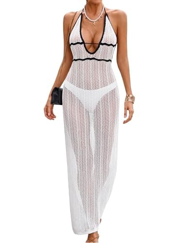 BreathSunny Womens Crochet Slim Fit Beach Dresses Summer 2026 Backless Halter Deep V Neck Bathing Suit Cover Up Midi Dress — image 1