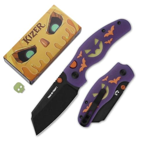 Kizer C01C 275 2.75" AEB-L Glow-in-the-Dark G10 Halloween Pocket Knife | Purple & Yellow, Thumb Stud, GID Inlays, Button Liner Lock, Black PVD Coating & Stonewashed, GID Skull Bead, V3488.27HW1 — image 1