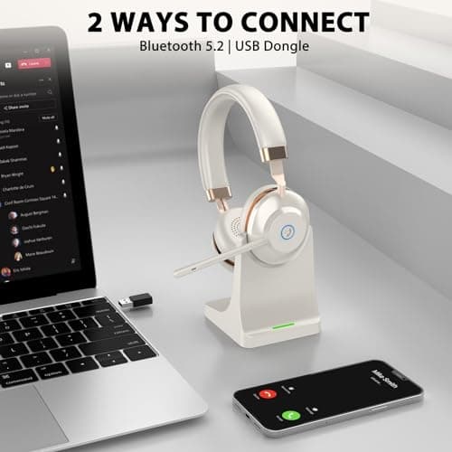 Vonztek Wireless Headset with Mic for Work, Bluetooth Headphones with Microphone Mute &USB Dongle, 45Hrs Wireless Headphones with Mic Noise Canceling & Charging Dock for Call Center/WFH/Office/Teams view 2