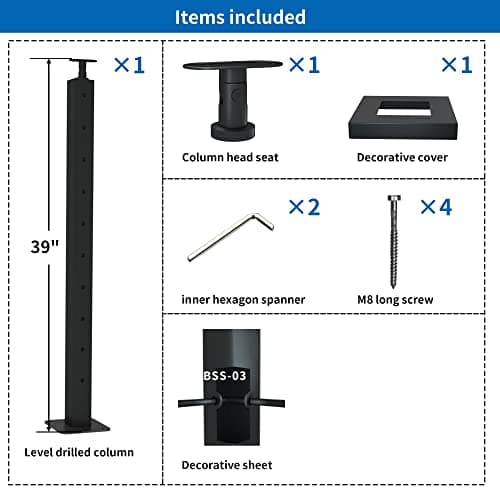 LANGLIER 1 PC Cable Railing Post 36"x2"x2"（Square Column 33"） Stainless Steel Black Finish, for Stairs and Deck handrails，can be Installed on Wood or Concrete Floor. (Corner Post, Black) view 3