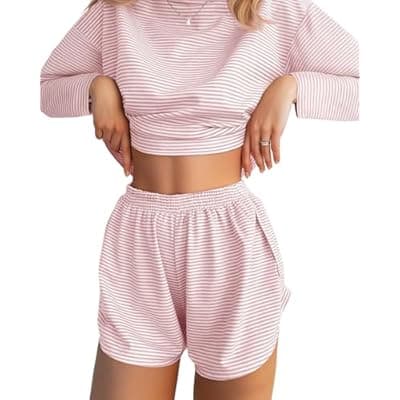 JUSTFASHIONNOW Womens Pajama Sets Striped Two Piece Lounge Sets Long Sleeve Top and Split Shorts Print Sleepwear Comfy Pjs