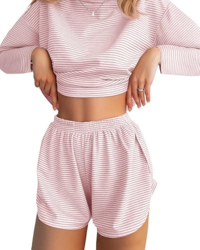JUSTFASHIONNOW Womens Pajama Sets Striped Two Piece Lounge Sets Long Sleeve Top and Split Shorts Print Sleepwear Comfy Pjs — image 1