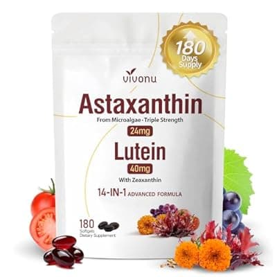 VivoNu 14-in-1 Astaxanthin 24mg & Lutein 40mg with Zeaxanthin Supplements, 6 Month Supply, Fresh Microalgae Source, Gluten Free Non-GMO, Supports Eye, Skin, Antioxidant, 180 Softgels, 1 Bag