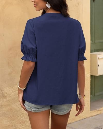 BTFBM Women's 2026 Spring Tops Casual Floral Boho V Neck Puff Short Sleeve Button Down Shirts Embroidered Blouses Tunic view 3