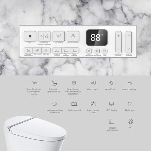 EIYHOME Smart Toilet,One Piece Toilet with Auto Open Close, Auto Flush, Foot Sensor Operation, Heated Seat，Warm Water & Dryer，Night Light，LED Display,White Remote Control view 2