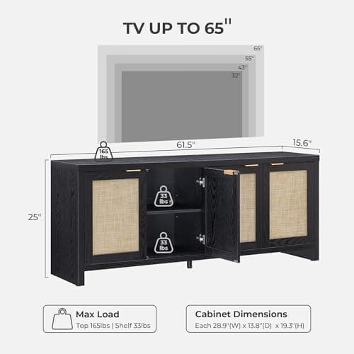 SICOTAS TV Stand for Living Room Boho Entertainment Center for Bedroom with 4 Rattan Cabinets Farmhouse Television Stands with Storage Large Media Console Table for TVs up to 65 Inch view 3