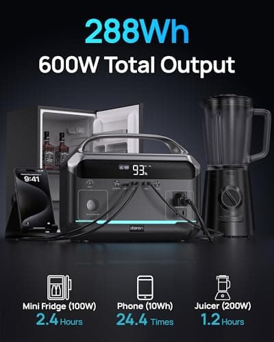DARAN Portable Power Station, LiFePO4 Solar Power Bank, 288Wh, 600W AC view 2