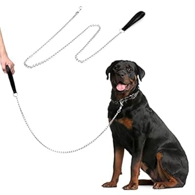 Jumpress Heavy Duty Chain Dog Leash for Medium Large Dogs, Chew Proof Metal Dog Lead with Soft Padded Handle, Classic Black 4FT Leash