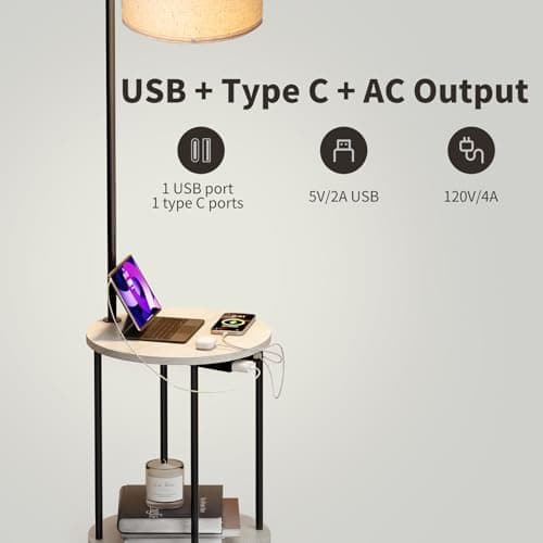 ONEWISH Floor Lamp with Round Table, Side Table for Living Room, Coffee Table with Charging Station (USB/Type-C/AC Port), 3 Color Temperatures, LED Bulb Included, Modern Night Stand for Bedroom, White view 2