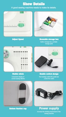 Sewing Machine for Beginners, Portable Mini Small Sewing Machine with 50 Pcs Fabric and 32 Pcs Sewing Threads Kit, 16 Built-in Stitches 2 Speed with Foot Pedal (White and Mint) view 5