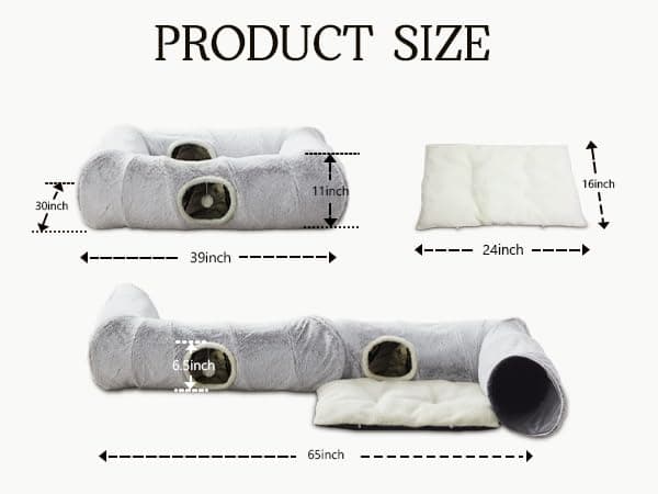 Cat Tunnel Bed for Indoor Cats, Large Cat Tube & Dog Tunnel Bed with Washable Cushion, Square Luxury Velvet Peekaboo Cat Cave & Cat Donut for Kitten/Puppies/Rabbits, Grey XL 39"x30"x11" view 4