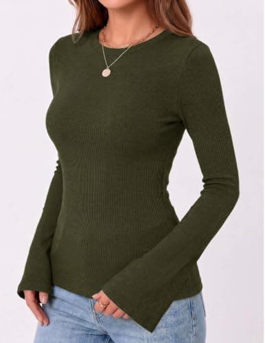 Zeagoo Womens Bell Long Sleeve Tops Crewneck Ribbed Knit Shirts | Going Out Tops, Y2K Shirt, Trendy 2026 Fall Outfits, Slim Fit Cute Fashion Clothes, Basic Tee view 6