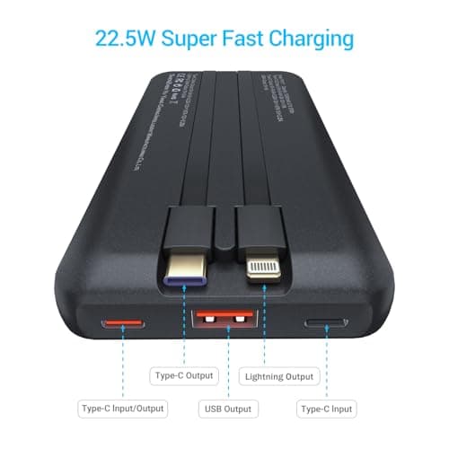 Antteez Portable Charger with Built in Cable - 10000mAh Fast Charging 22.5W Power Bank USB C LED Display Travel Battery Pack 4 Outputs & 2 Inputs for iPhone Samsung iPad Phones Tablets view 3
