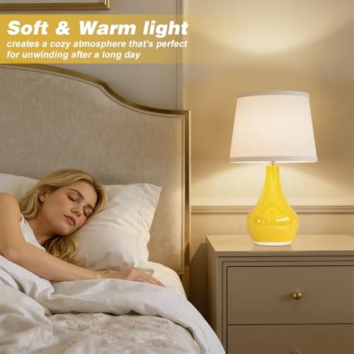 Seealle Modern Ceramic Table Lamps for Night Stands - Bedside Lamps Set of 2 for Nightstand,Yellow Bedroom Lamp for Living Room Cute Desk End Table Office Guest Room Dresser Rocker Swtich view 3