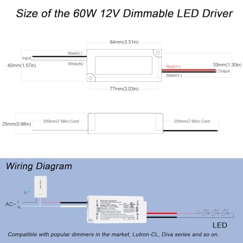 Hanbaak 60W Dimmable LED Driver, Electronic Transformer, 120V AC to 12V DC Power Supply for LED Strip Light, Low Voltage Lighting Project, Compatible with Lutron Leviton Dimmers, UL Listed, Class 2 view 3