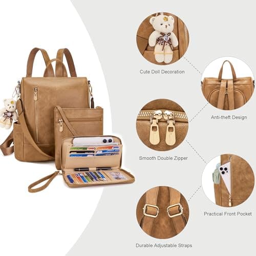 Soperwillton Women Fashion Backpack Purse Anti-Theft Leather Shoulder Bag Travel Multi Pockets Handbag Wallet Set 3pcs view 4