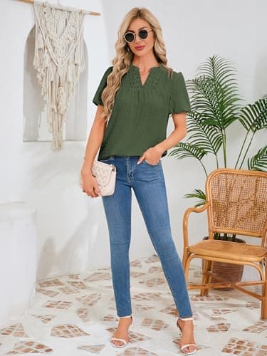 Funlingo Womens Boho Tops Summer Short Puff Sleeve V Neck Blouses Dressy Casual Flowy Swiss Dot Lace Crochet Shirts view 6