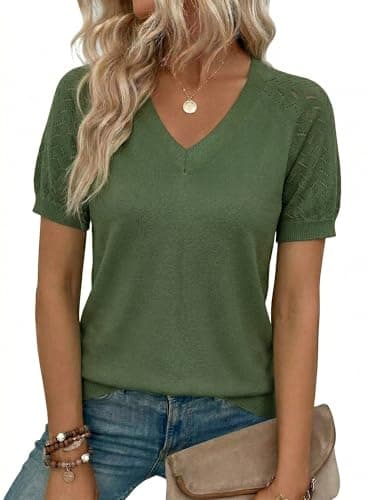 LaGracia Women's Puff Short Sleeve Sweater Spring Summer Tops V Neck Dressy Casual Tops 2026 Trendy — image 1