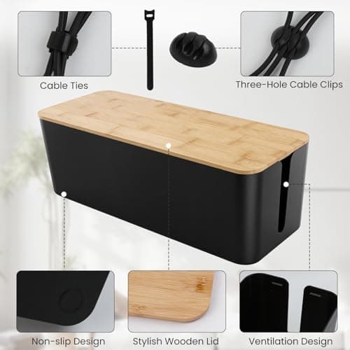 2 Pack Cable Management Box - Cord Organizer Box with Wooden Lid for TV Wires, Power Strips, Router, USB Hub & Under Desk Power: Baby & Pet Proof Cord Management, Cord Hider for Home & Office(Black) view 4