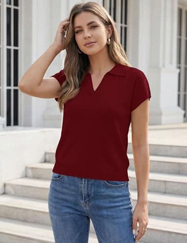 LaGracia Womens Cropped Short Sleeve Sweaters Business Casual Collared Polo Sweaters Lightweight Wool Blend Crop Tops view 2