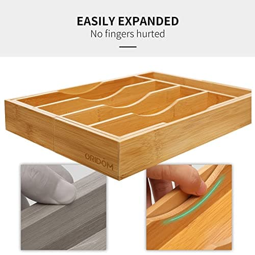 oridom Expandable Bamboo Kitchen Drawer Organizer for Cutlery and Utensils, Adjustable Bamboo Wood Cutlery Tray in Drawer for Flatware and Silverware in Kitchen, (Natural) view 6