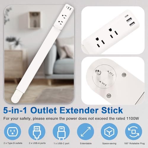Gbchais Outlet Extender Stick with USB-A & USB-C, 2 AC Outlets, Adjustable 22"-34" Plug Extender, 180° Rotating Wall Outlet Extender for Hard-to-Reach Outlets Behind Sofa, Bed, Desk, Nightstand view 3