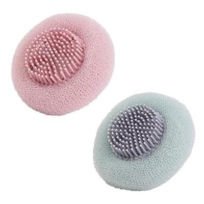 2-in-1 Sunflower Suction Cup Bath Ball, Exfoliating Mesh Shower Body Sponge with Cleaning Brush, Pink and Green, 2 Pack